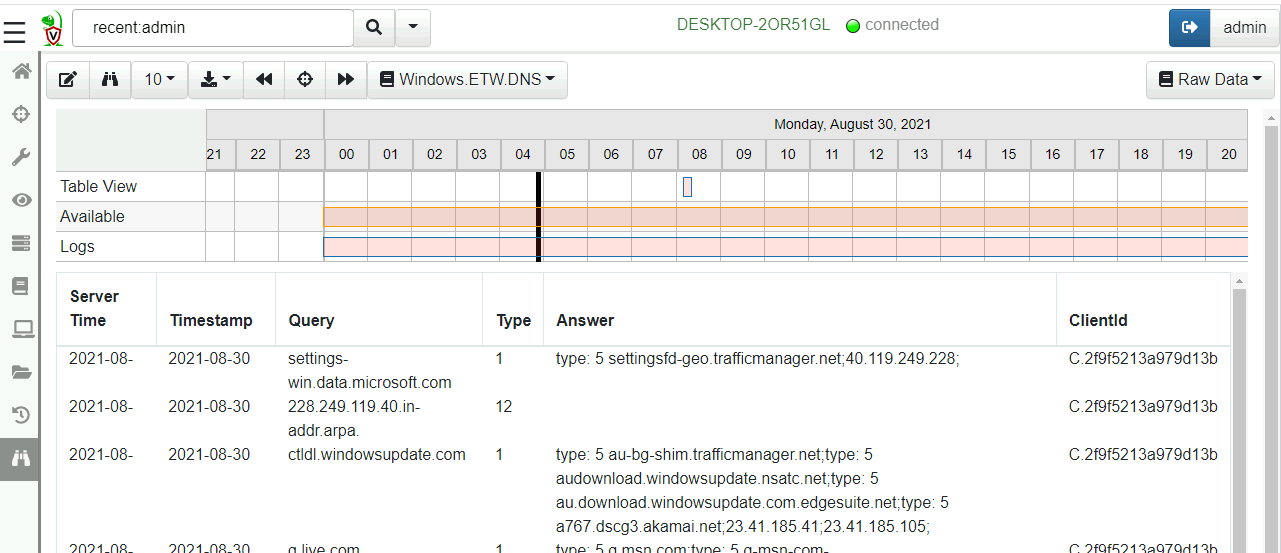 Client Event Monitoring view