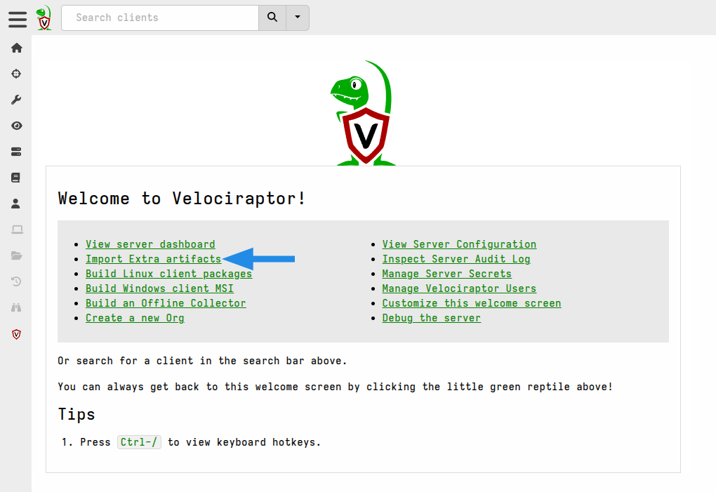 New links on the welcome screen include one to run Server.Import.Extras