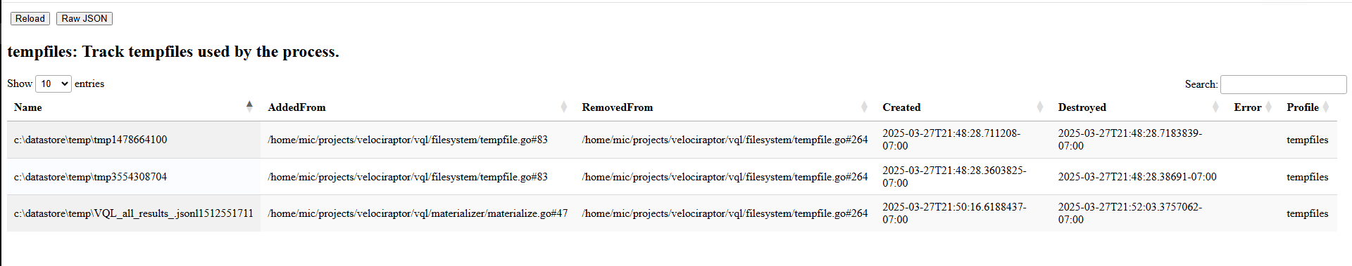 Temporary file profile