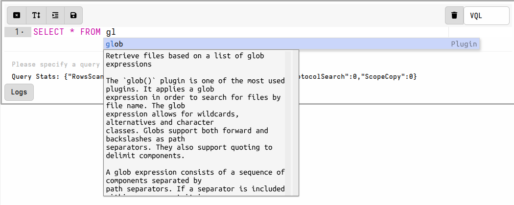 VQL Plugin arguments Completions