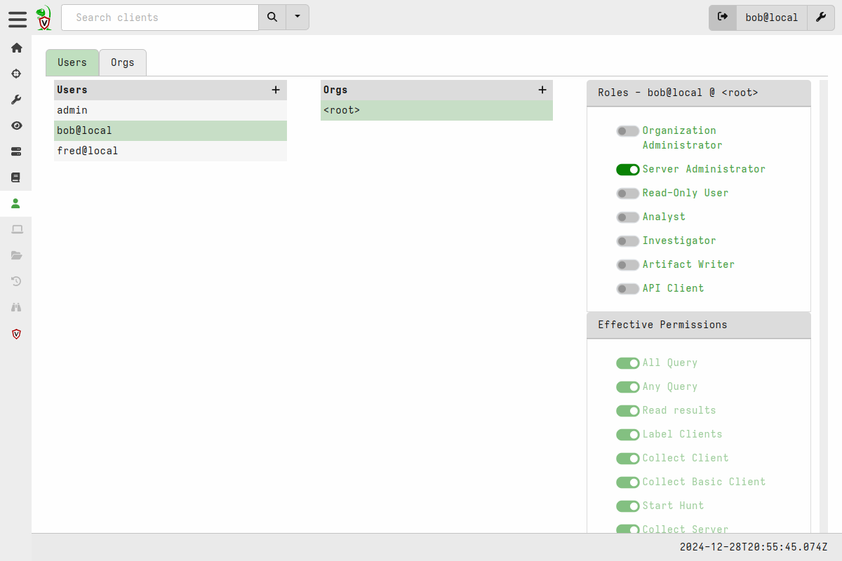 We can verify that the user has the server admin role.