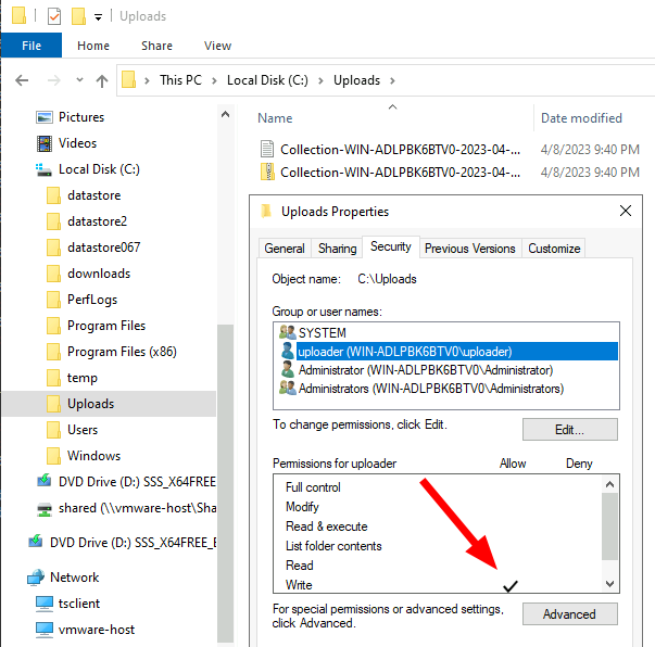 Adjusting directory permissions to only provide write access