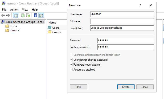 Creating a local user for uploads
